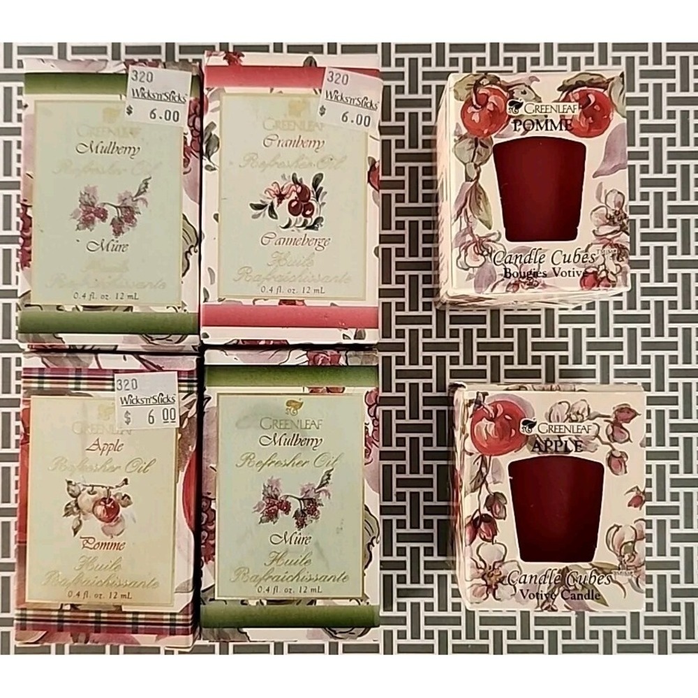 Greenleaf Refresher Oils Mulberry Apple Cranberry 4oz Plus 2 Candles Vintage